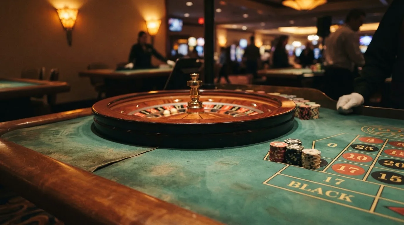 Rulettkerék és zsetonok zöld posztón, meleg esti fényben — blackjack szabályok magyaroknak
