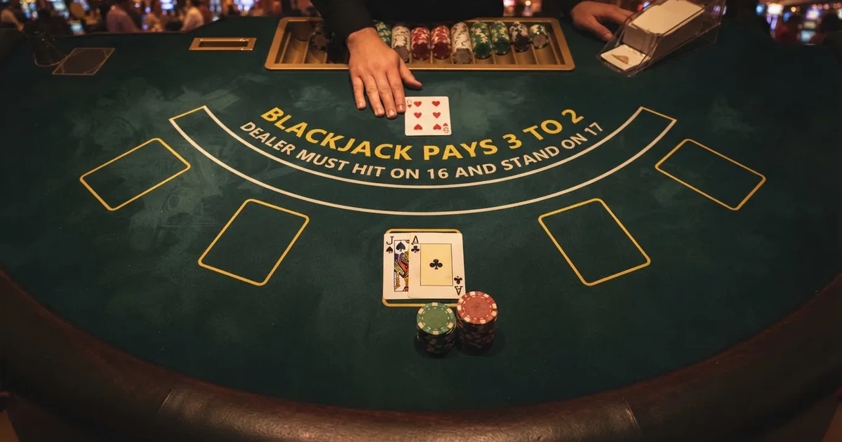 Megvilágított játékasztal kártyákkal, felülnézetből — blackjack szabályok magyaroknak