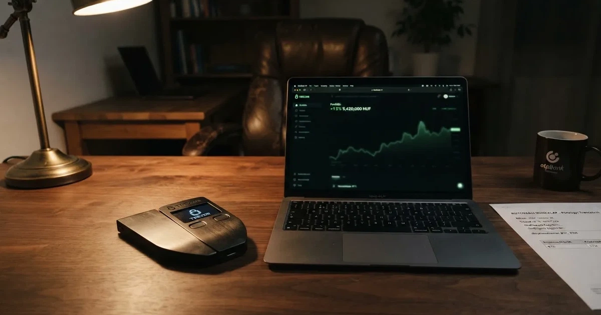 Hardveres tárca és laptop egy íróasztalon, tompa fényben — ethereum kaszinók magyarországon