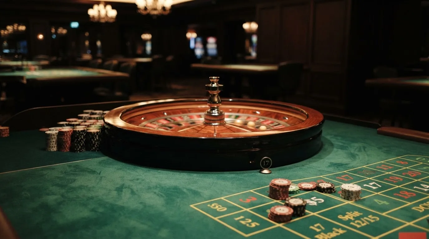 Rulettkerék és zsetonok zöld posztón, meleg esti fényben — high roller kaszinók magyarországon