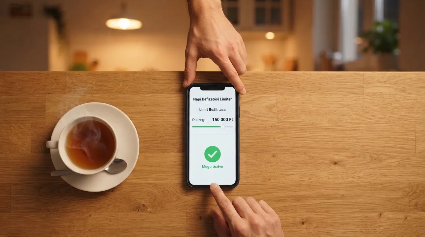Kéz tart egy mobiltelefont egy csésze tea mellett a konyhaasztalon egy nyugodt estén — kaszinó szerencsejáték magyarországon