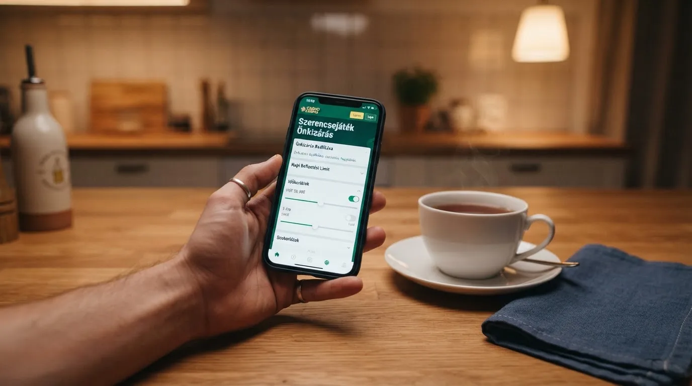Kéz tart egy mobiltelefont egy csésze tea mellett a konyhaasztalon egy nyugodt estén — külföldi magyar kaszinók