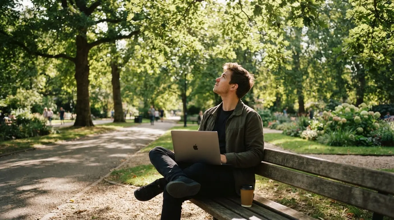 Fiatal férfi parkpadon ül, kezében összecsukott laptop és kávé, nyugodtan szünetet tart, a háttérben fák.