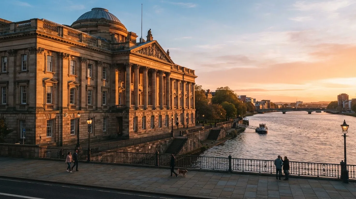 Budapesti hivatali épület homlokzata naplementében, a háttérben a Duna, járókelők a rakparton.