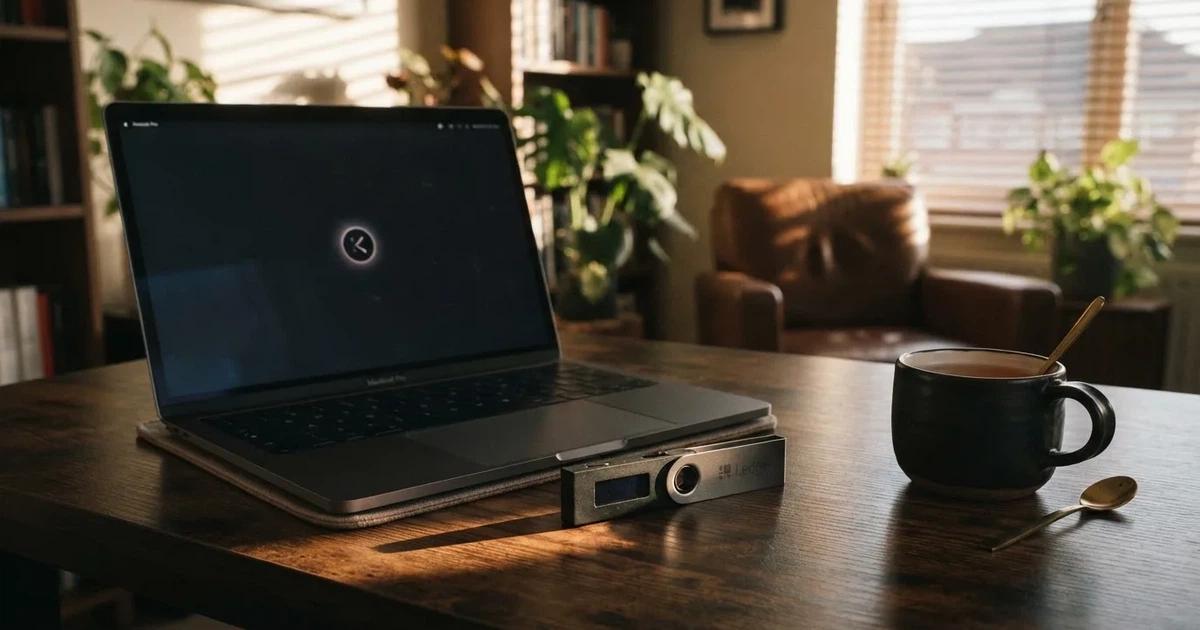 Hardveres tárca és laptop egy íróasztalon, tompa fényben — litecoin kaszinók magyarországon