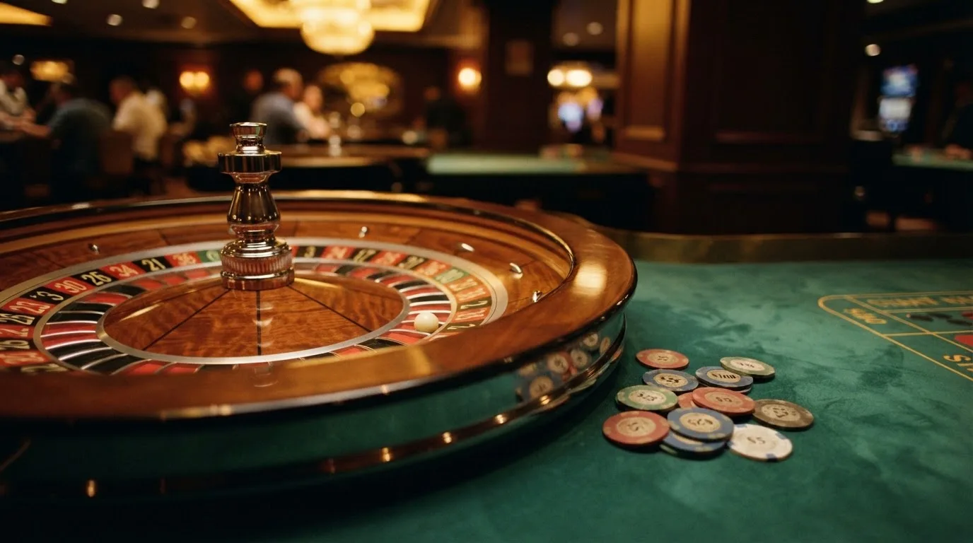 Rulettkerék és zsetonok zöld posztón, meleg esti fényben — magyar kaszinó blackjackkel