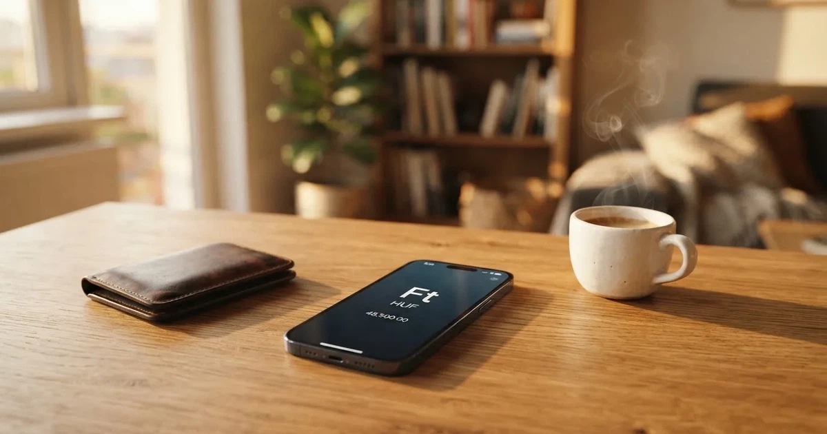 Mobiltelefon egy fa asztalon egy pénztárca és egy csésze kávé mellett — magyar kaszinók kifizetésekkel