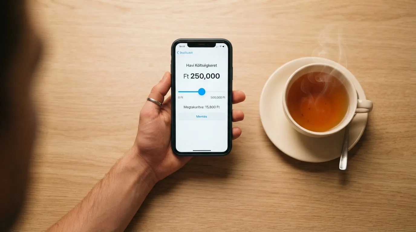 Kéz tart egy mobiltelefont egy csésze tea mellett a konyhaasztalon egy nyugodt estén — magyar kaszinók listája