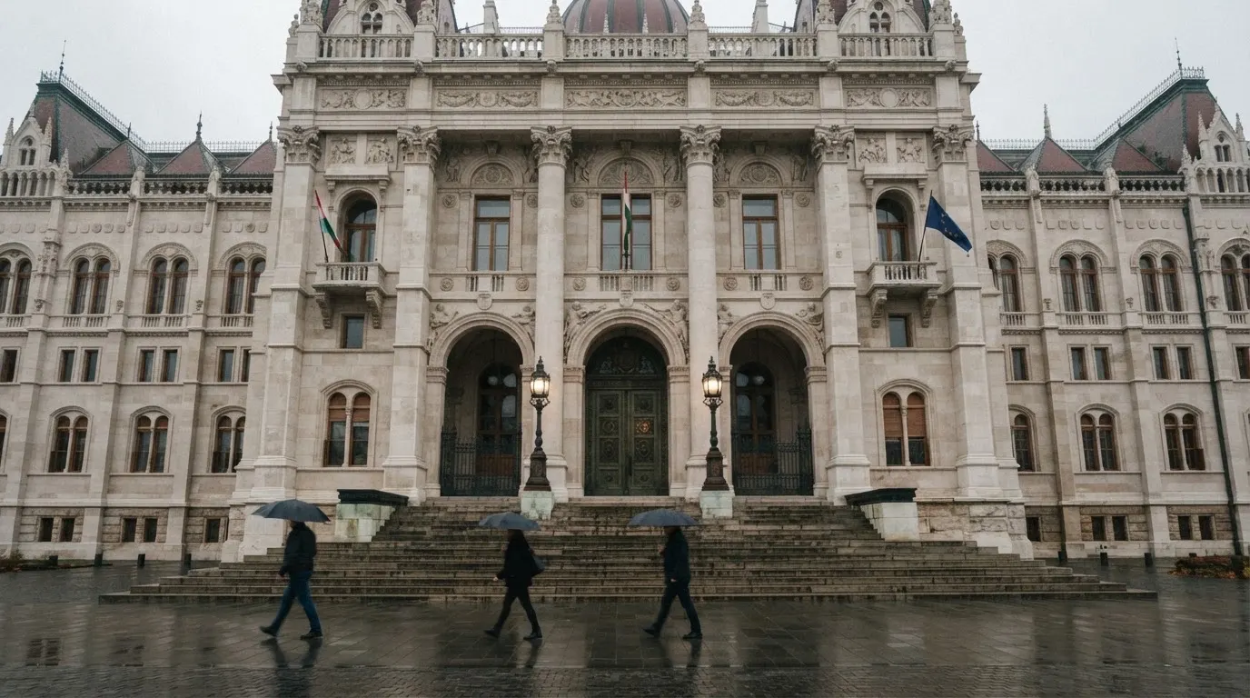 Szigorú, kőoszlopos állami épület és előtte sétáló emberek Budapesten egy borongós délelőttön, felirat és címer nélkül.