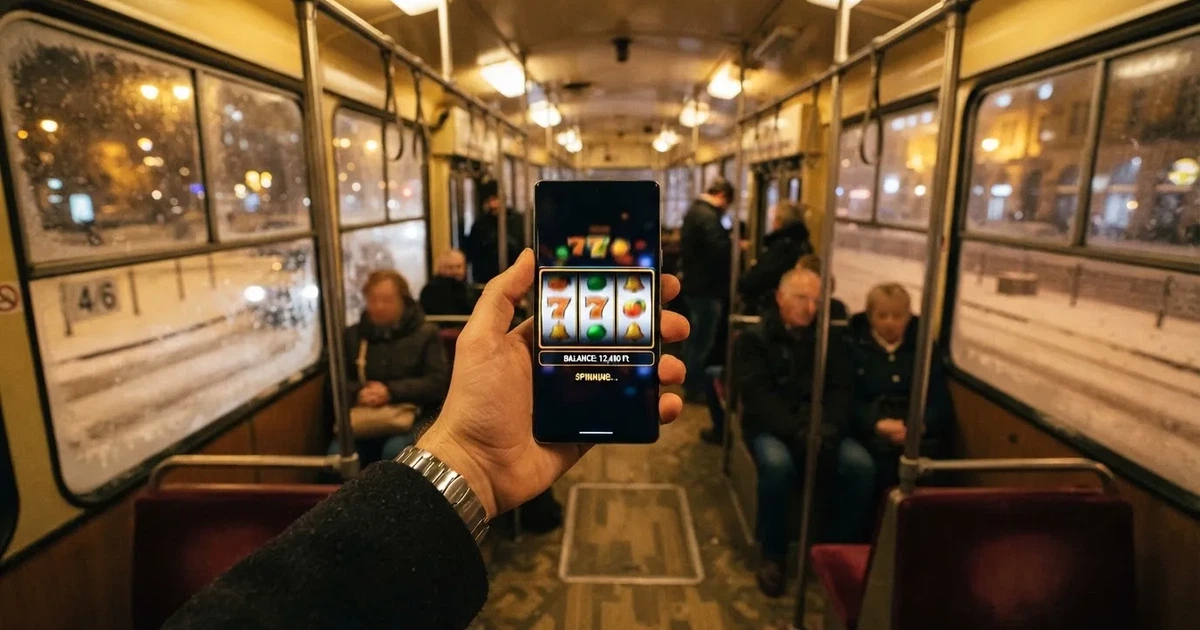 Mobiltelefon kézben egy budapesti villamoson egy téli estén — mobil nyerőgépek magyarországon