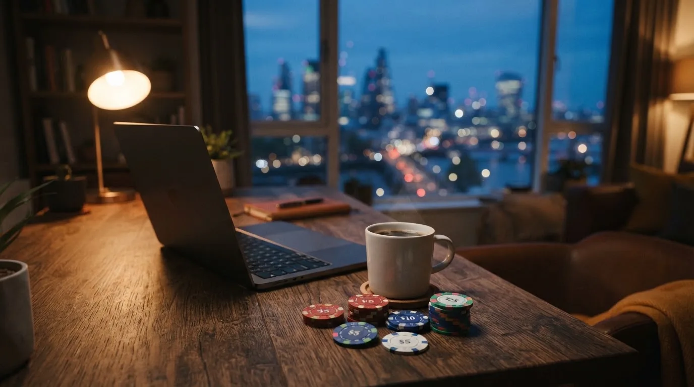 Modern otthoni dolgozószoba: laptop, kávé és zsetonok egy asztalon, az ablakon át a város fényei látszanak, a képernyő nem látszik.