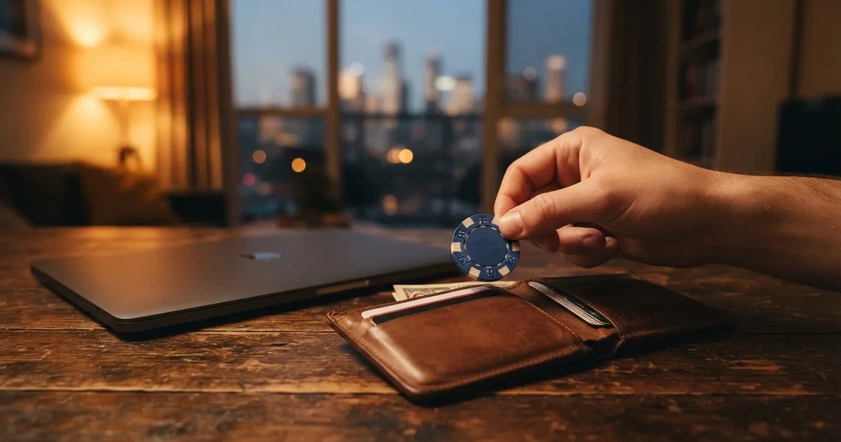 Egy kéz pénztárcából bankkártyát húz elő egy asztalnál, mellette csukott fedelű laptop, esti hangulat.