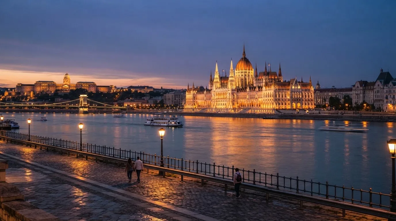 Budapesti belváros esti látképe a Duna-parttal és a Parlament sziluettjével, járókelők a rakparton, megvilágított hivatali épületek.