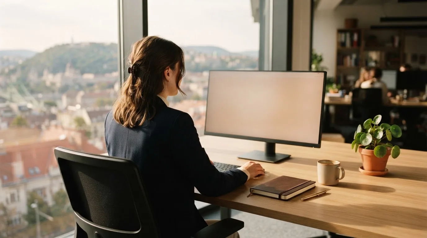 Fiatal női hivatalnok íróasztalnál ül monitor előtt, ablakból budai panoráma, professzionális környezet, a kijelző tartalma nem látszik.