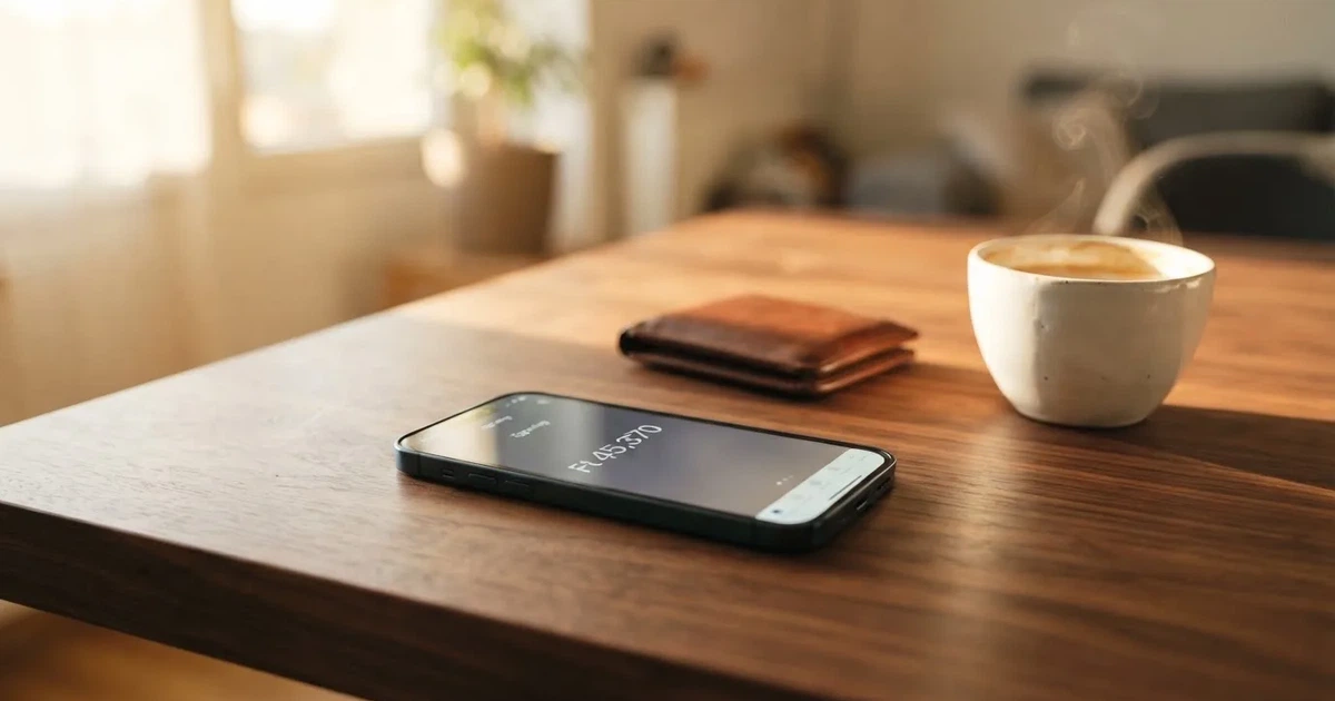 Mobiltelefon egy fa asztalon egy pénztárca és egy csésze kávé mellett — paysafecard kaszinók magyarországon