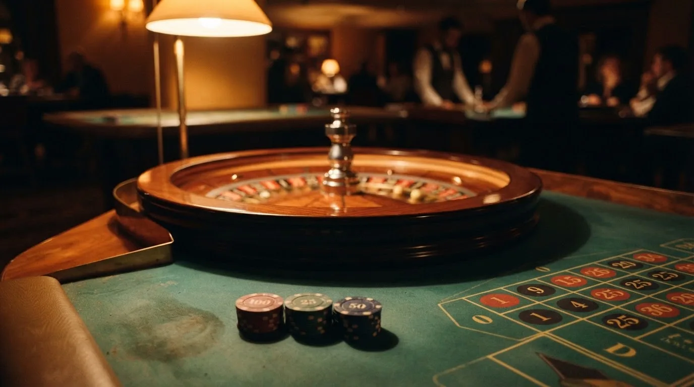 Rulettkerék és zsetonok zöld posztón, meleg esti fényben — slots kaszinó magyarországon