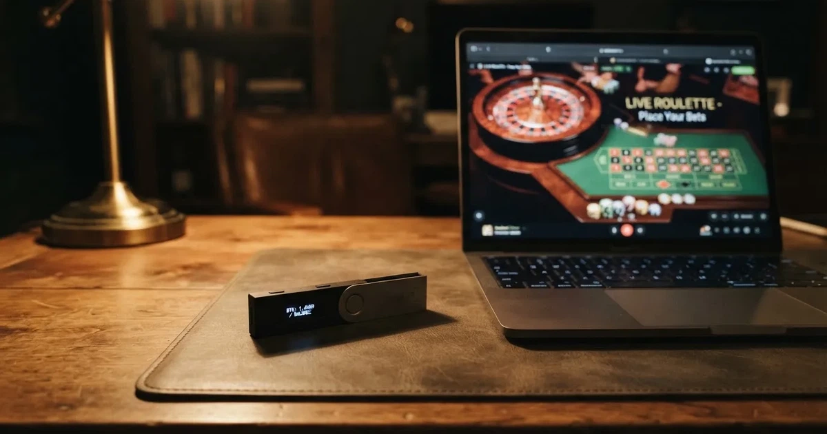Hardveres tárca és laptop egy íróasztalon, tompa fényben — tron kaszinók magyarországon